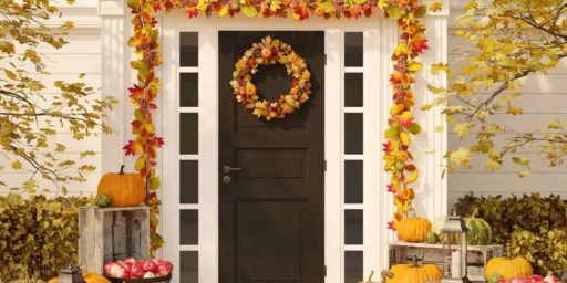 Front door decorated for fall with a wreath and pumpkins