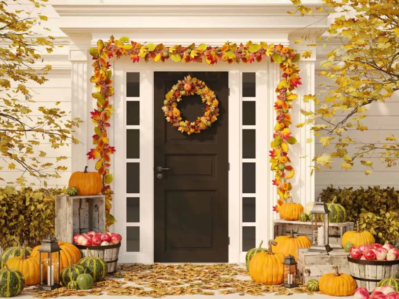 Front door decorated for fall with a wreath and pumpkins