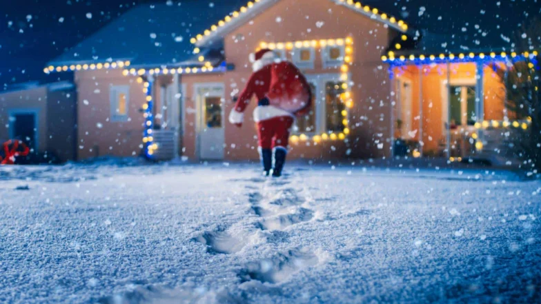 santa walking toward house