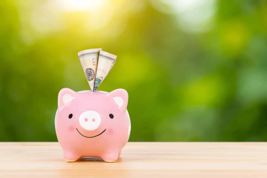 Pink piggy bank with folded dollar bills