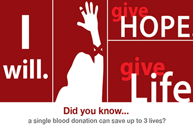 Red Cross blood drive graphic reading I will give hope, give life