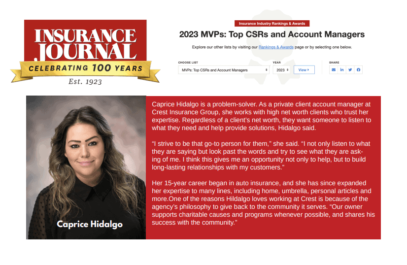 Insurance Journal 2023 MVPs feature on Caprice Hidalgo