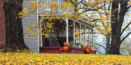 House porch decorated with pumpkins under autumn trees