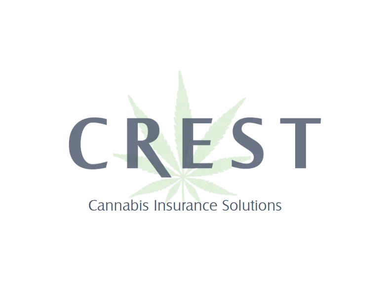 Logo for Crest Cannabis Insurance Solutions with a gray wordmark and a faint cannabis leaf in the background on a light gray background.