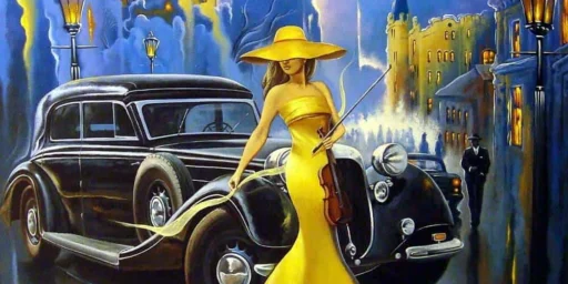 Painting of a woman in a yellow gown beside a vintage car