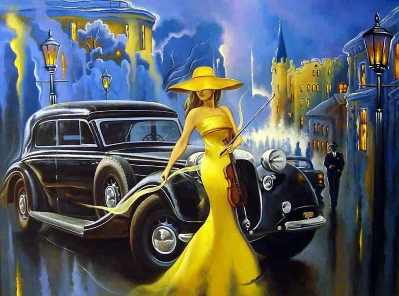 Painting of a woman in a yellow gown beside a vintage car