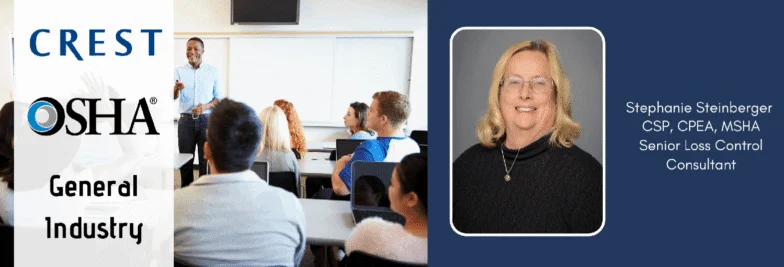 Crest OSHA 10 General Industry training banner featuring Stephanie Steinberger, Senior Loss Control Consultant